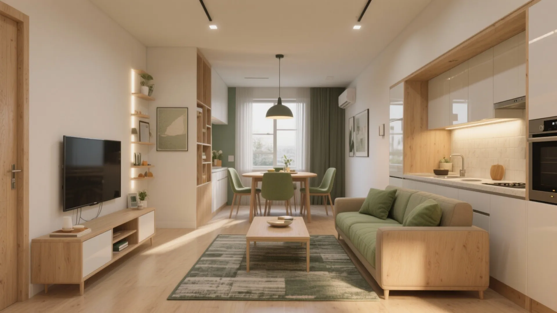 Modern open plan living room with green sofa and wooden table next to white kitchen