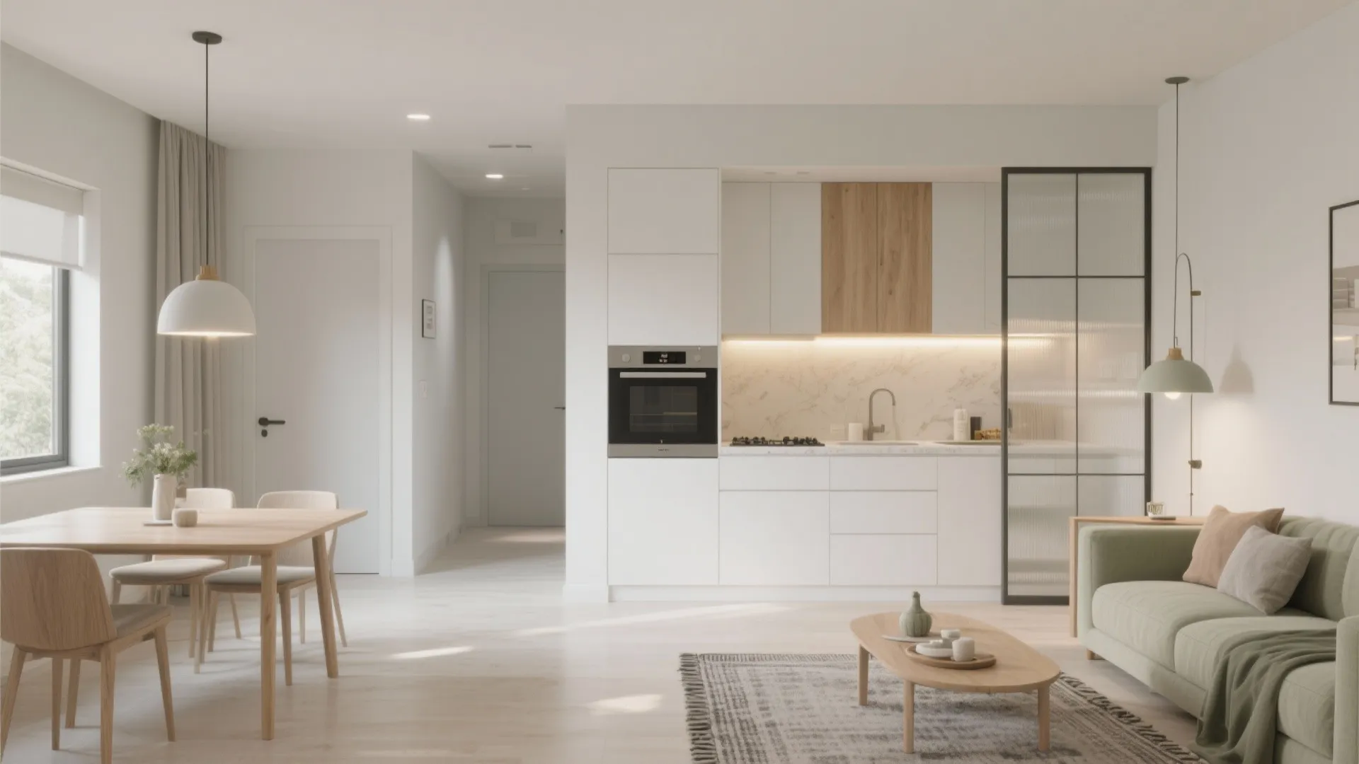 Modern open plan featuring white kitchen cabinets wooden dining table green sofa and soft grey rug