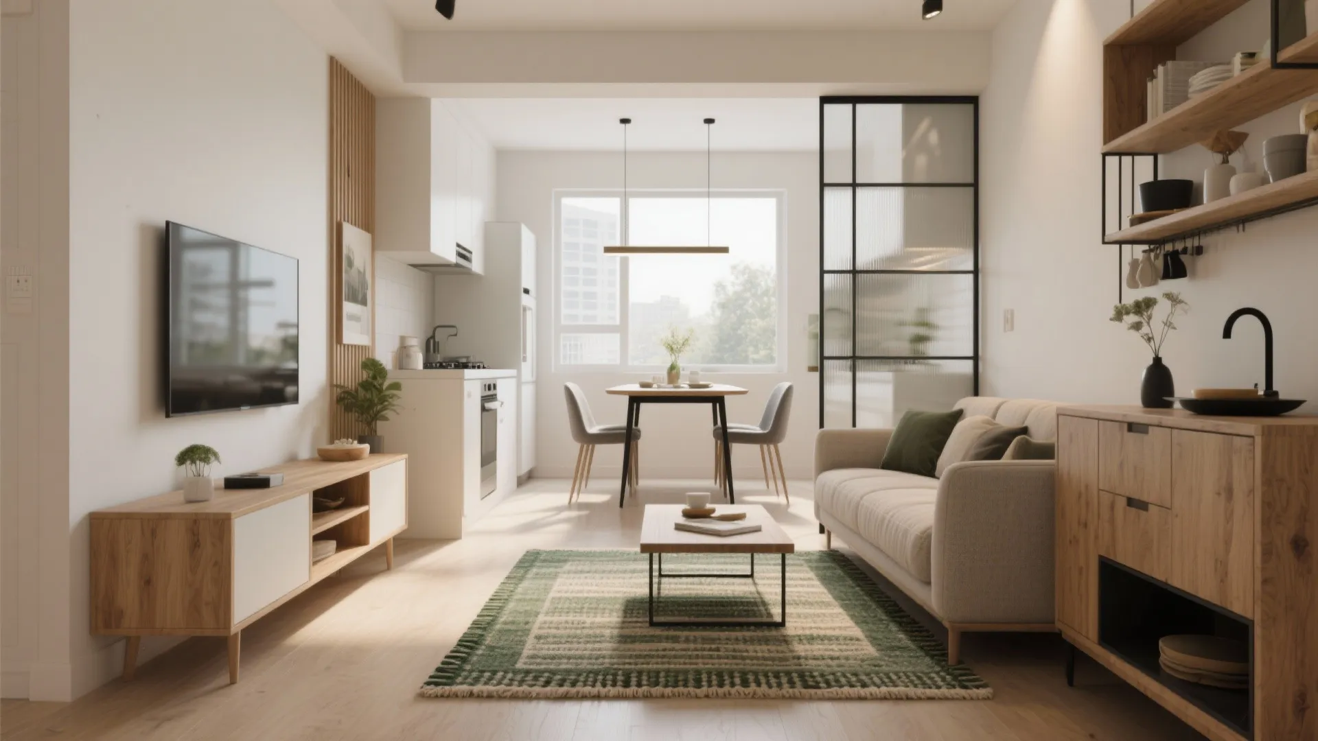Open plan living area with white sofa and wooden cabinet plus a dining table set
