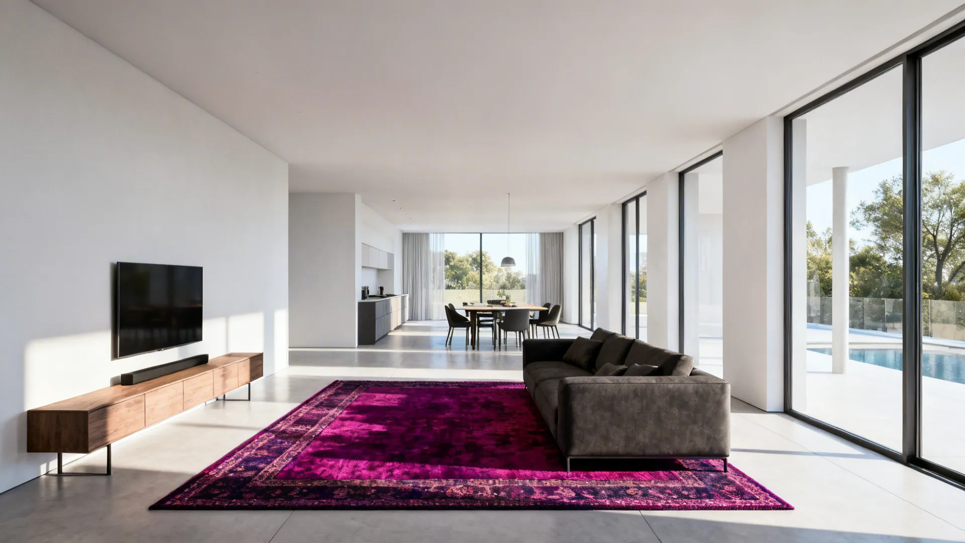 Modern open-plan living room with purple rug, grey sofa, wooden cabinet, and big glass windows