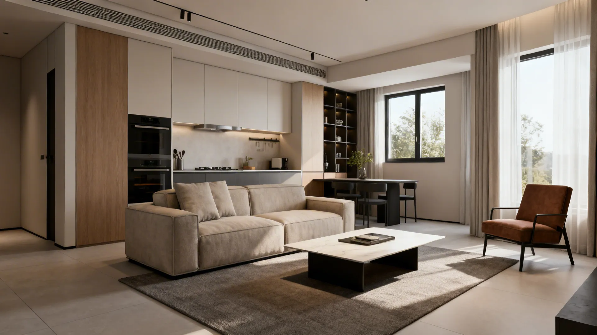 Coordinated compact living and kitchen zones with low furniture and integrated storage.