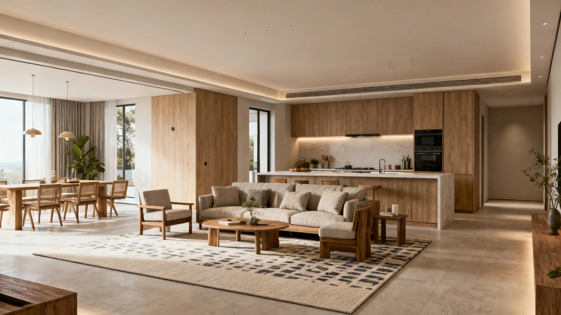 Open plan living room with wooden cabinets kitchen island beige sofa and wooden dining table