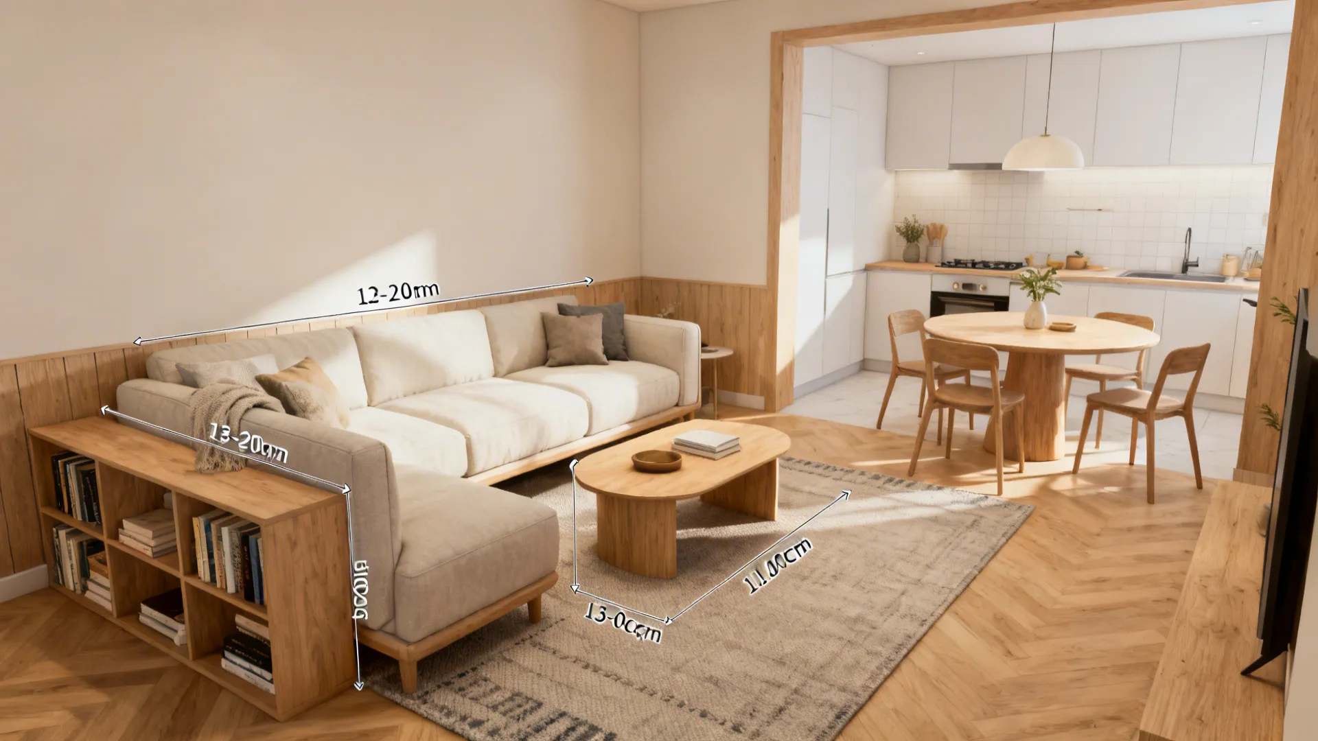 Open-plan living room with sofa and small dining nook, zoned by rug and bookshelf.