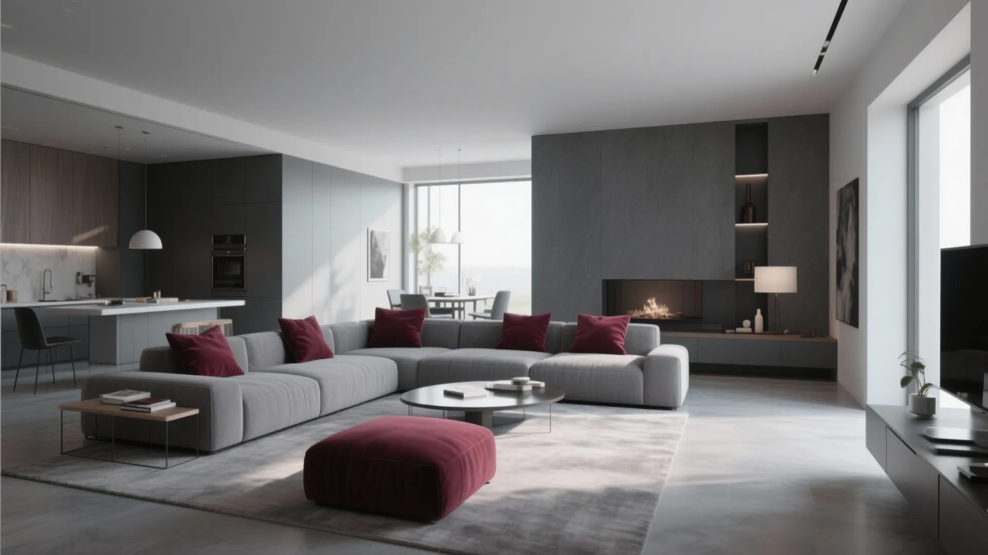 Gray open-plan living room with burgundy cushions