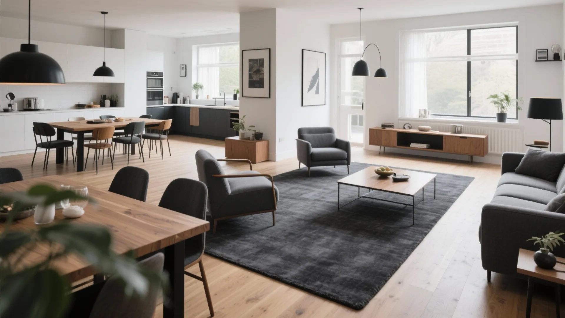 Open plan living area with dining table, grey sofa, wood flooring, and black light fixtures