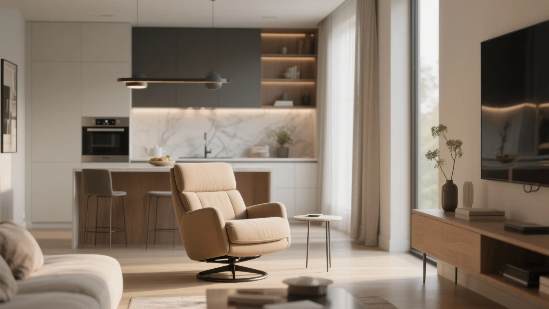 Compact swivel recliner integrated into an open-plan kitchen and living area to define a conversational corner.