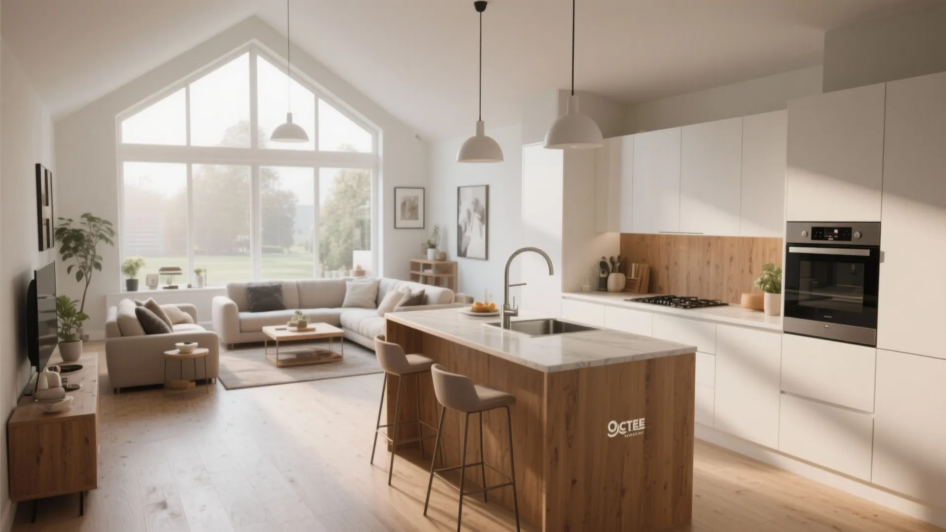 Bright open plan kitchen and living area with wooden island white cabinets and large windows