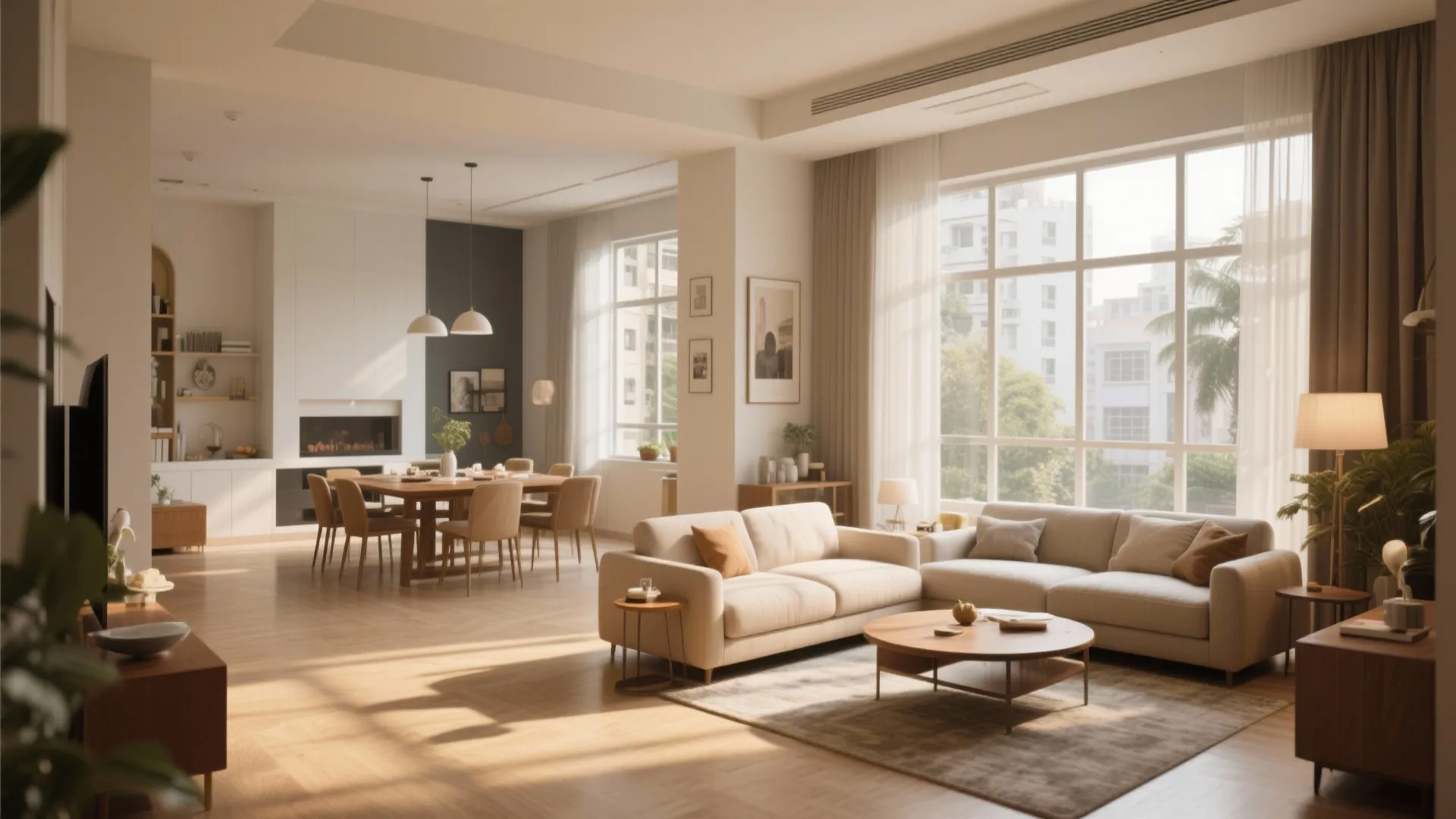 Spacious open plan living room with cream sofa dining table large windows and natural light