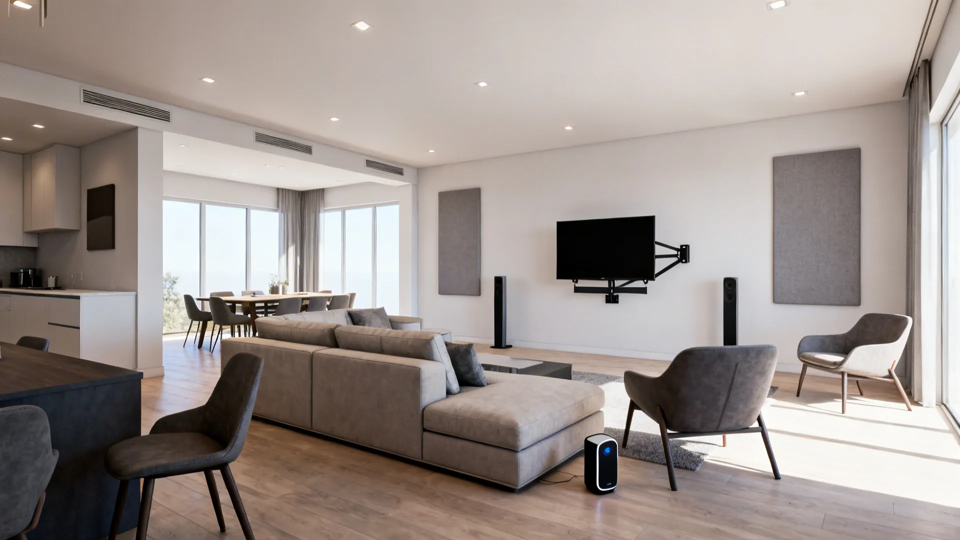 Open-plan living room with multiple seating zones oriented toward a single mounted TV on a swivel bracket