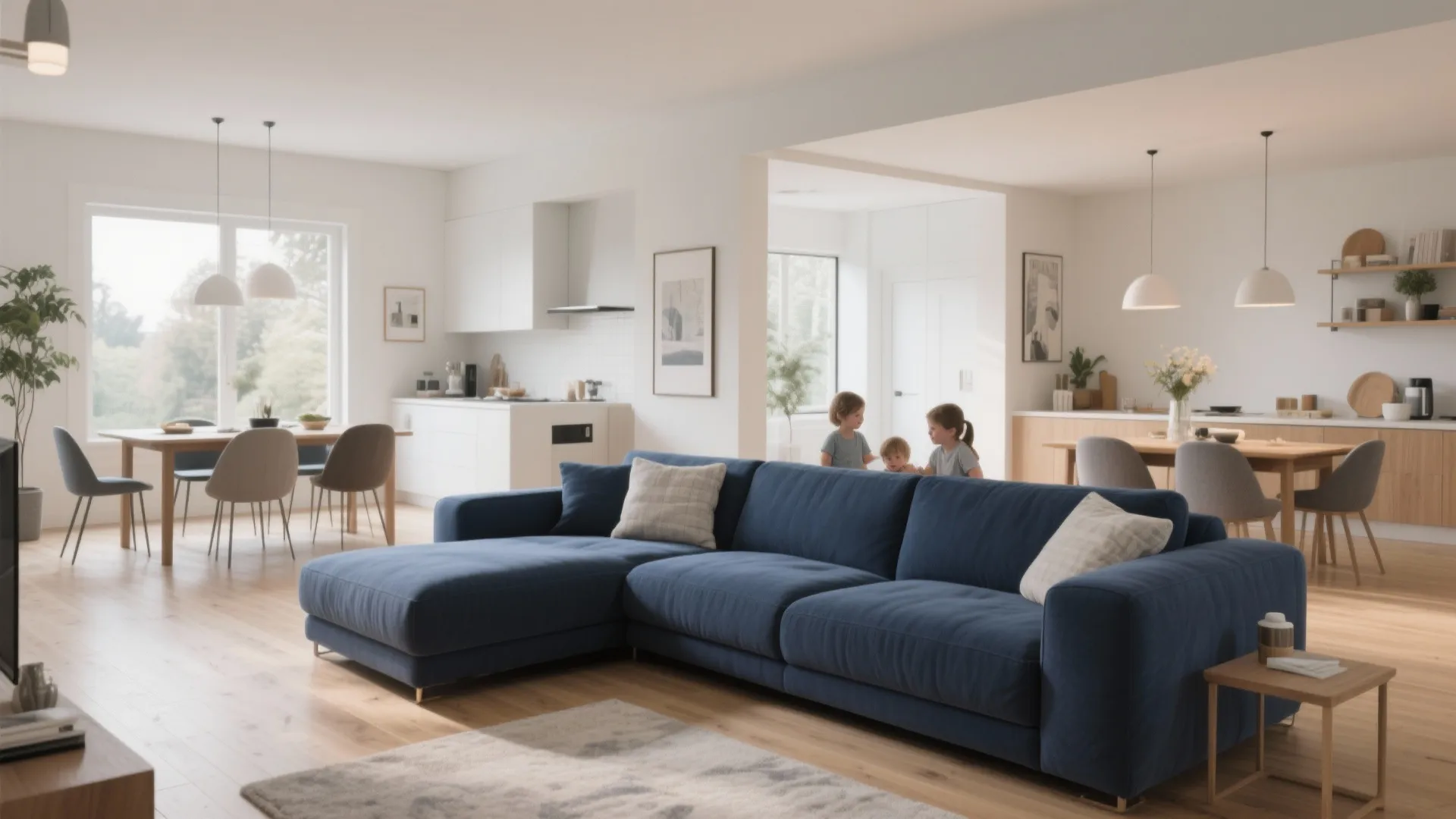 4. Navy Sectional in an Open-Plan Living Room