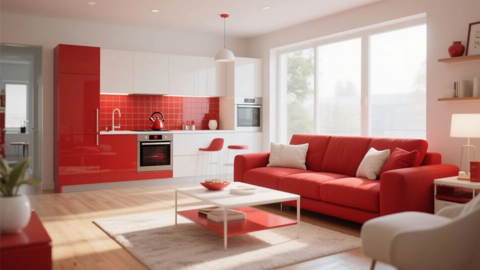 Open kitchen with red cabinets near living room with red sofa and white coffee table