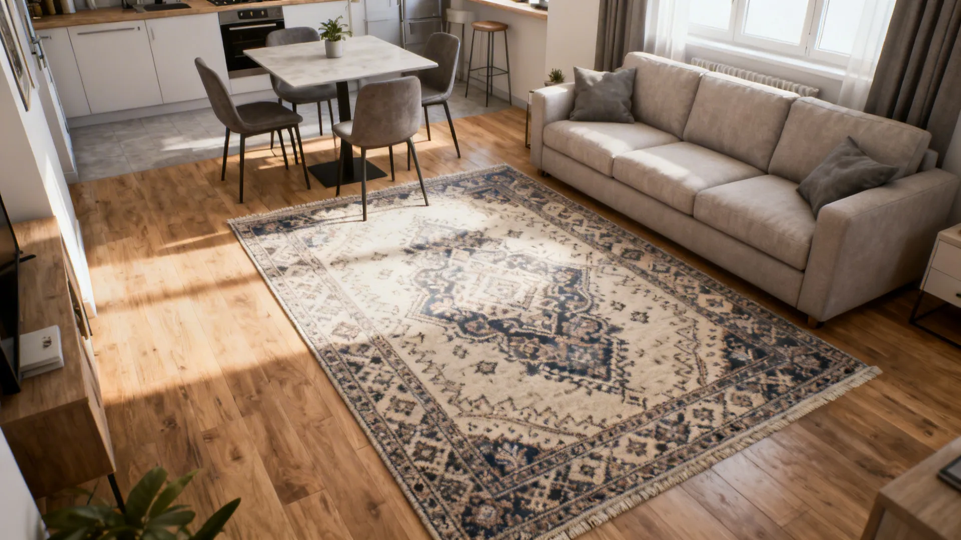 Open-plan small apartment with a large rug unifying sofa and dining chairs, creating connected zones.