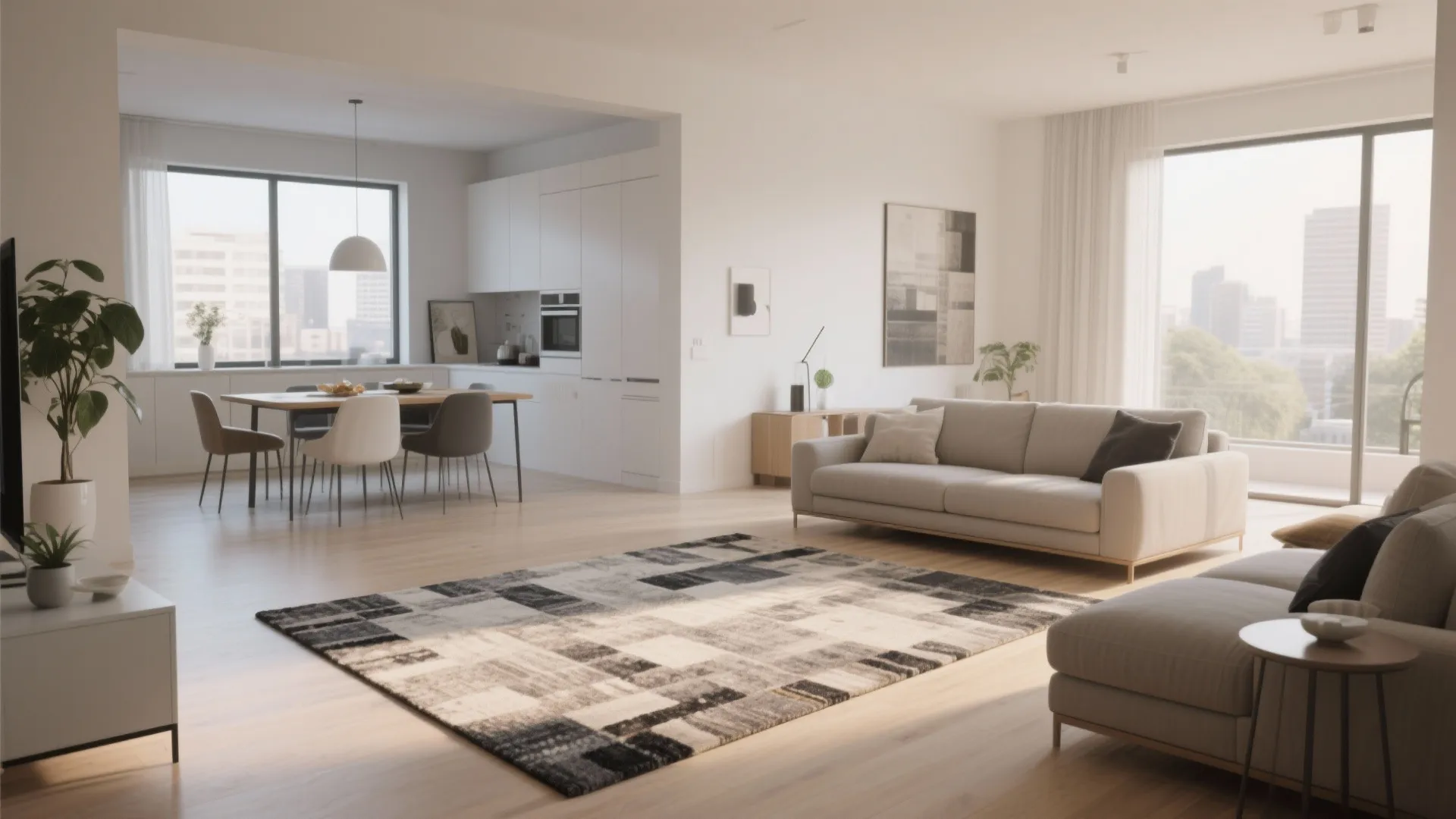 Rug defining living zone in open-plan apartment