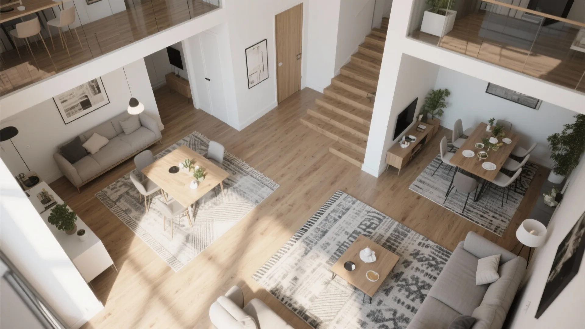 High angle view of a large open house layout with living room and dining area