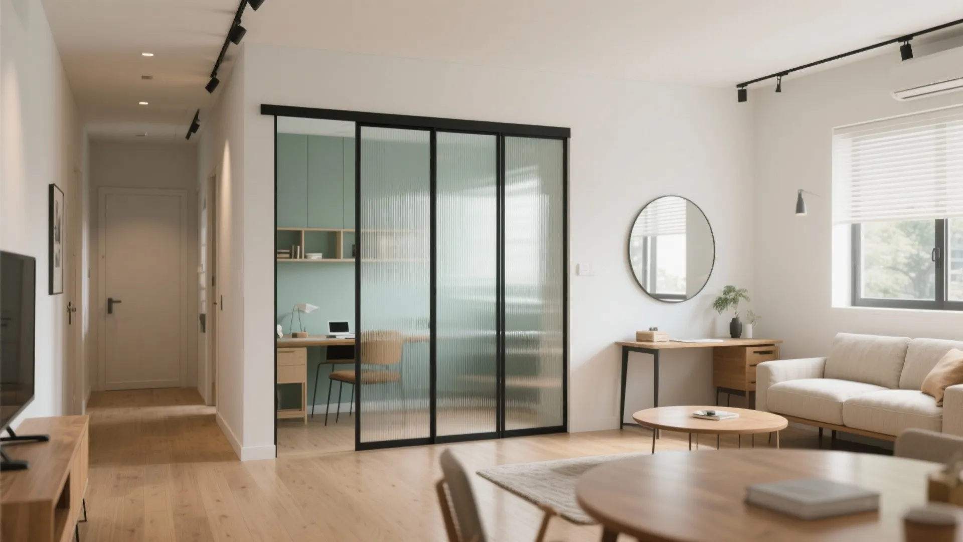 Flexible open-plan core with a sliding glass partition