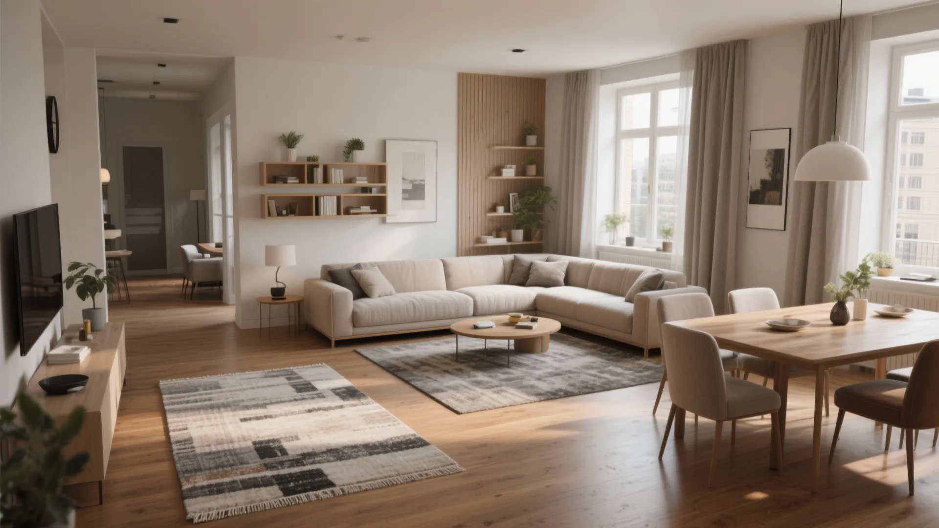 Open-plan living area with rugs and low shelving creating distinct lounge and dining zones.