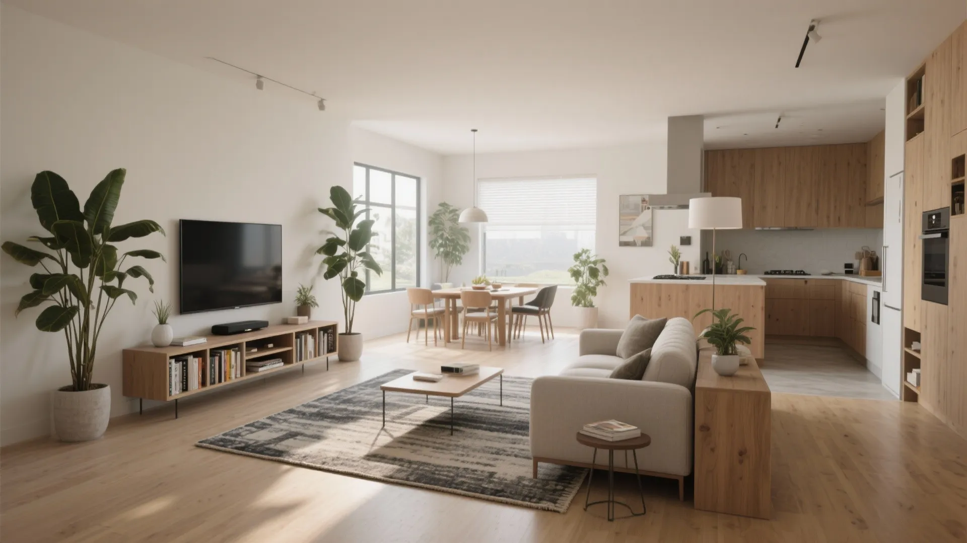 Open-plan living with rugs, shelving and plants defining separate zones for living and dining.