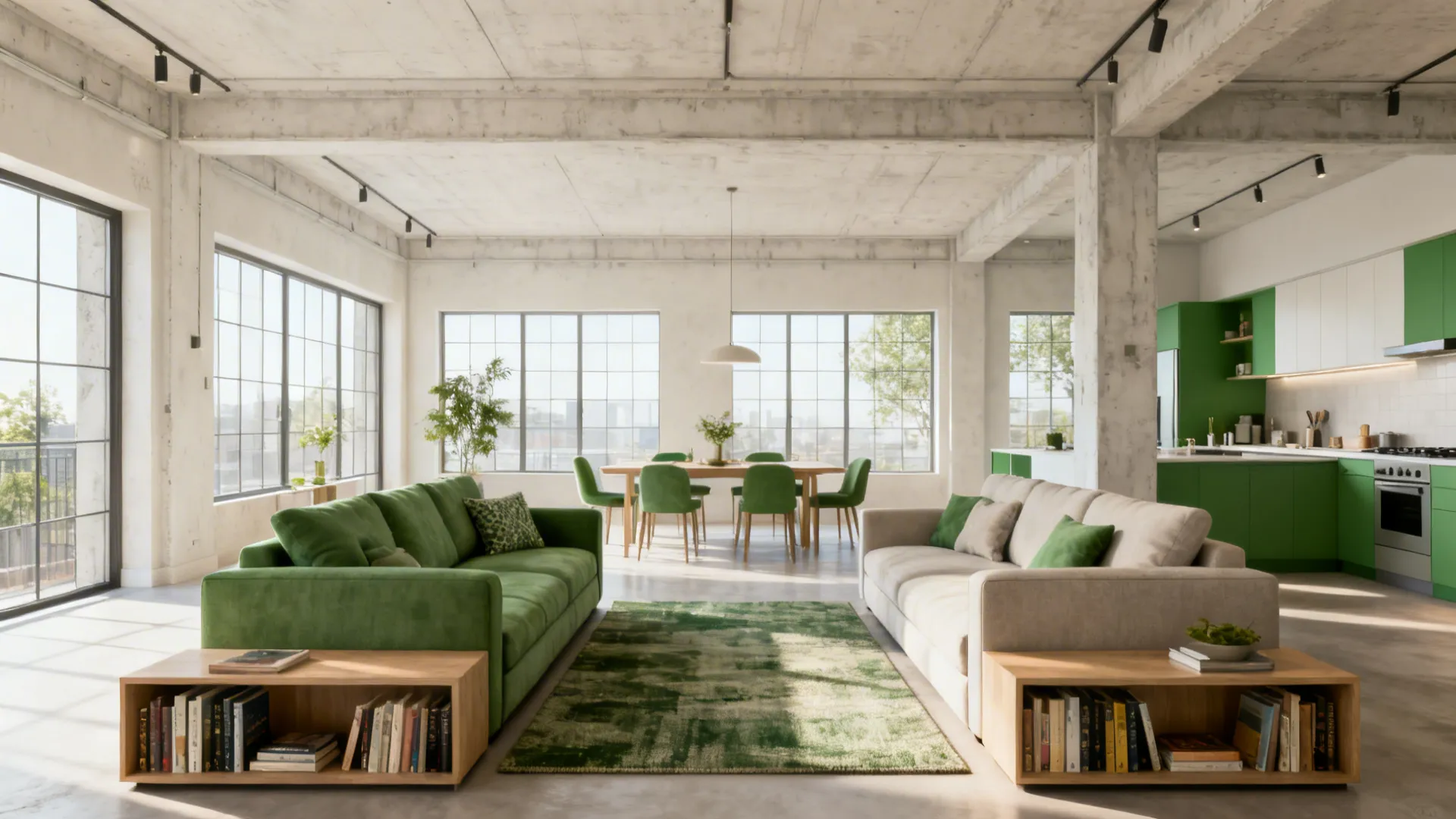 Open-plan space with two sofas defining a living zone and low bookshelf maintaining sightlines.
