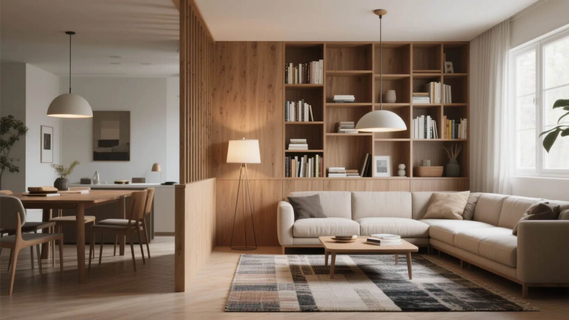 Modern open living room with cream sofa wooden wall shelf and dining table in background