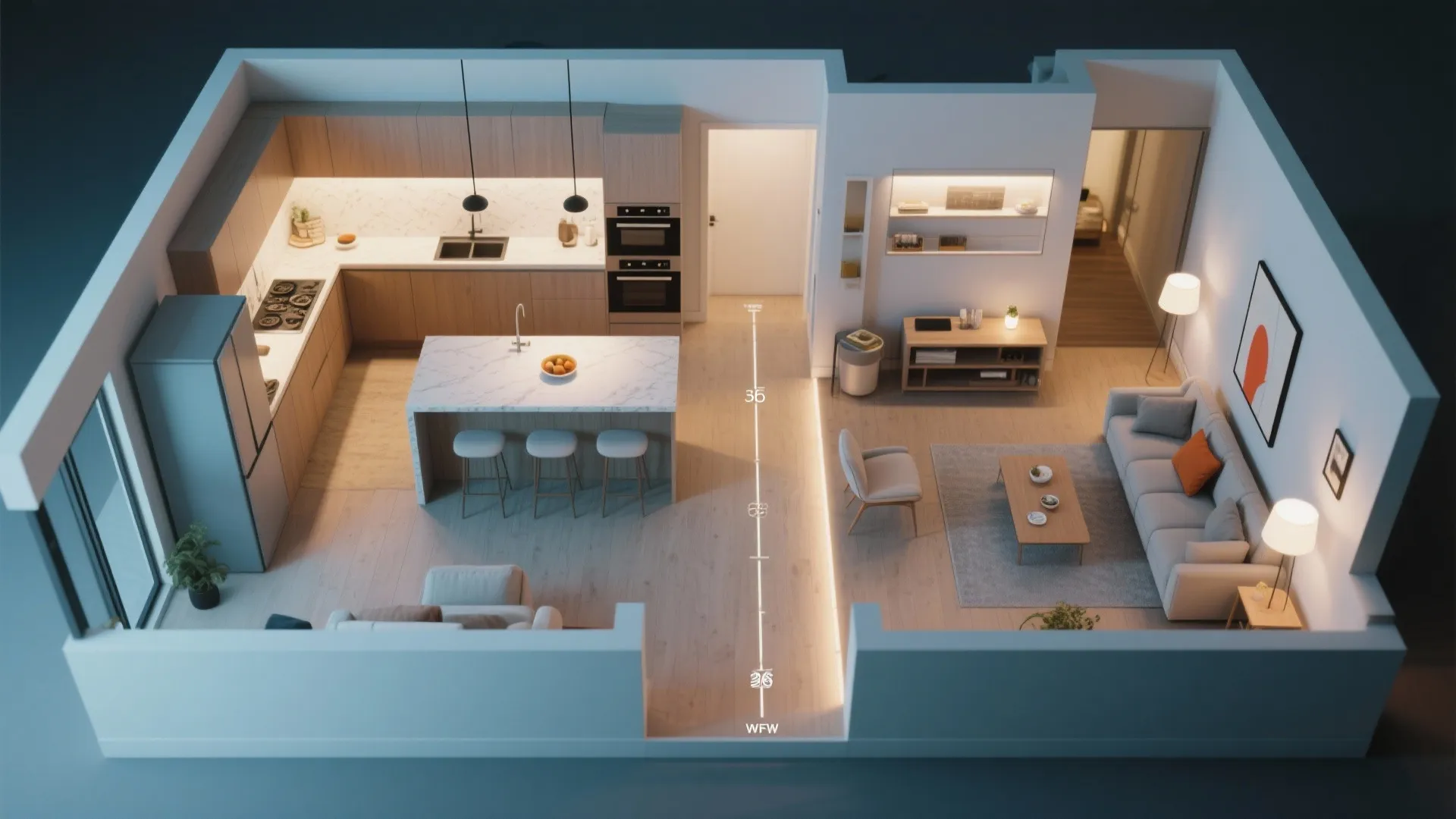 Modern apartment interior design drawing showing open plan kitchen living area with furniture and lighting
