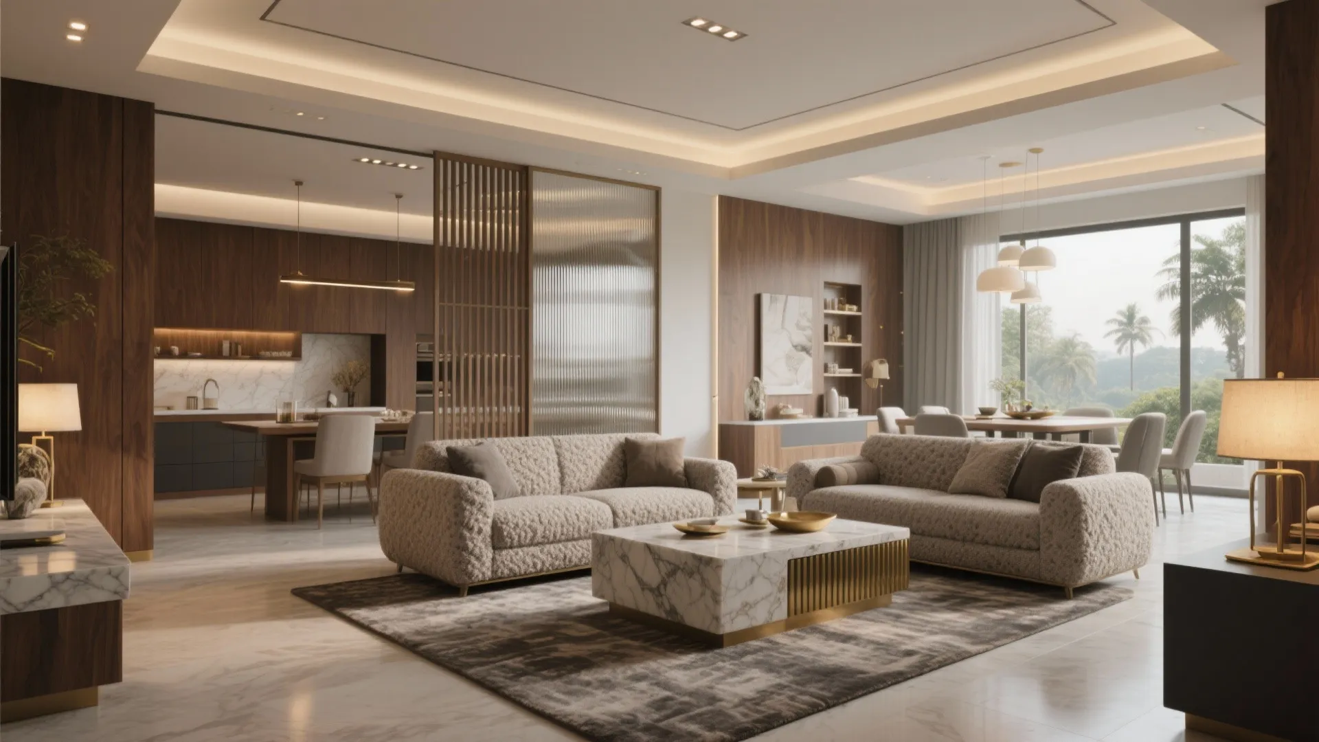 Modern open living room with two beige sofas marble coffee table wood wall panels partition
