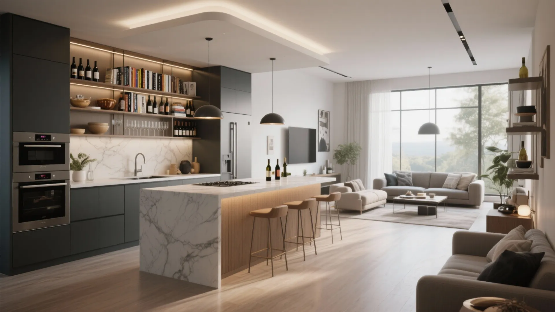 Sleek kitchen interior showing marble counter with bar stools open shelving and large living area