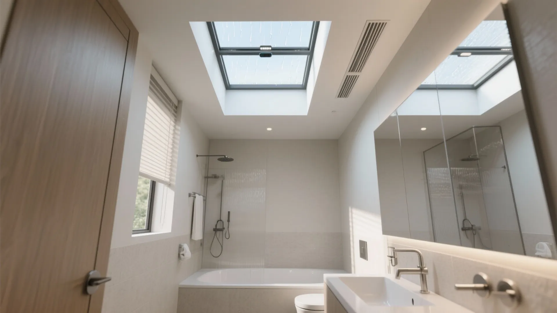 Modern bright bathroom interior featuring a white bathtub and a large roof window with rain