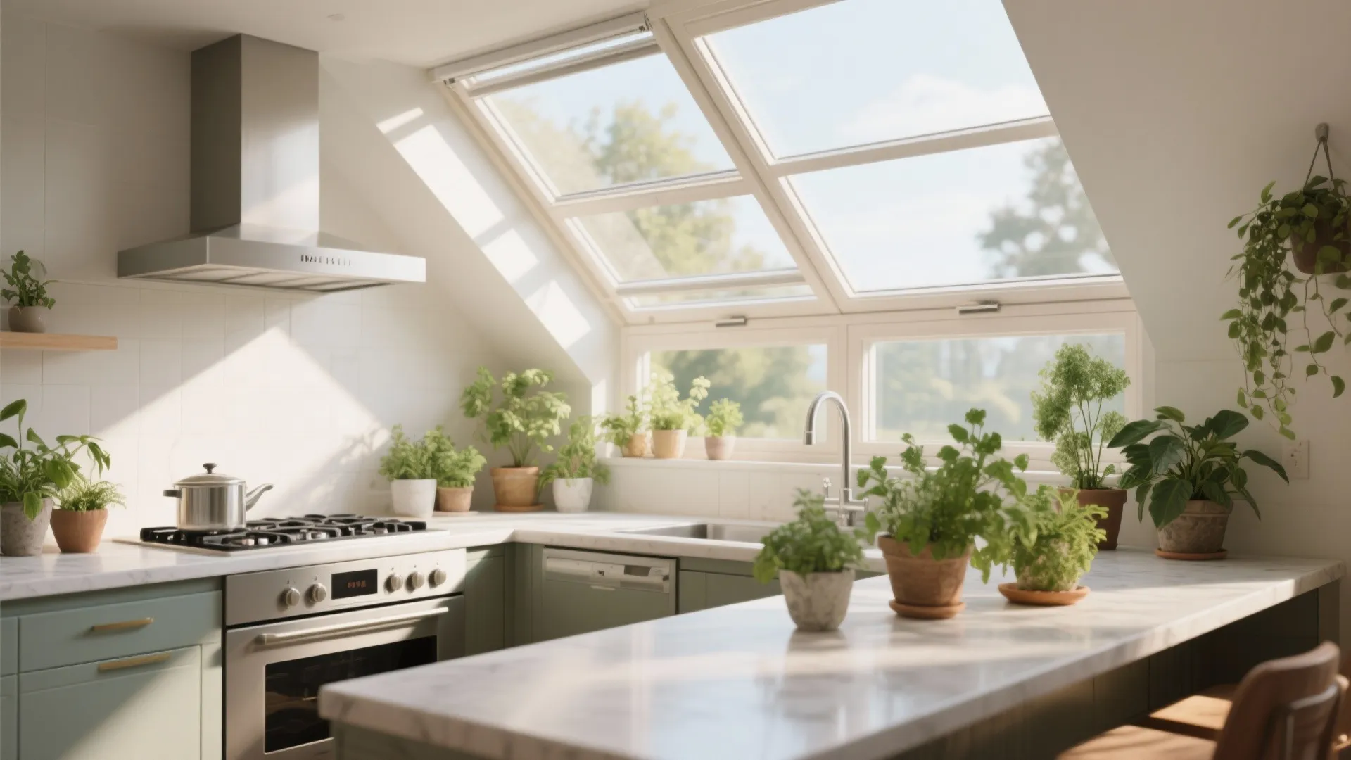 Bright kitchen with green cabinets and many potted plants under a large open roof window