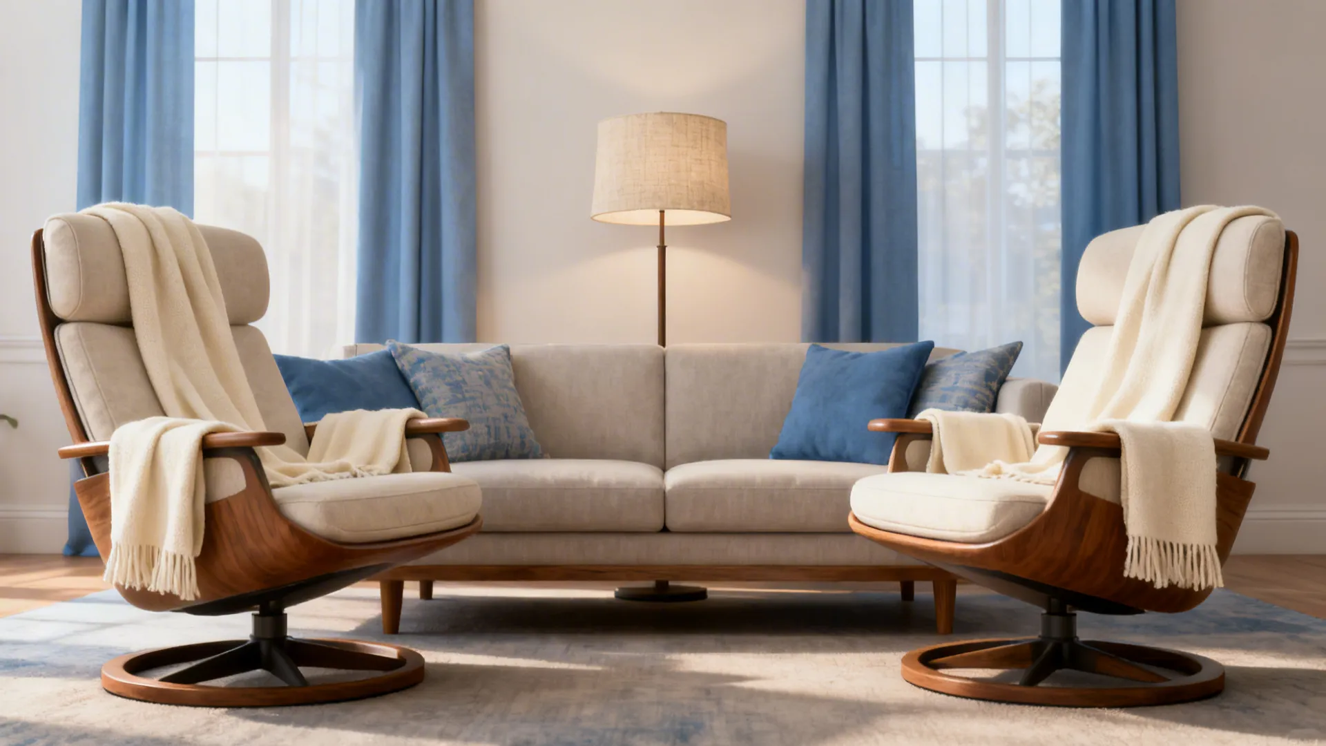 Two swivel chairs opposite a sofa creating a symmetrical and formal yet inviting seating area.