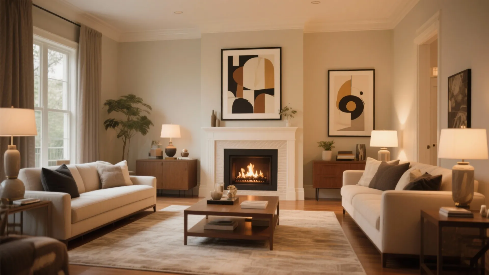 Cozy living room with white sofas facing each other near a fireplace and wall art