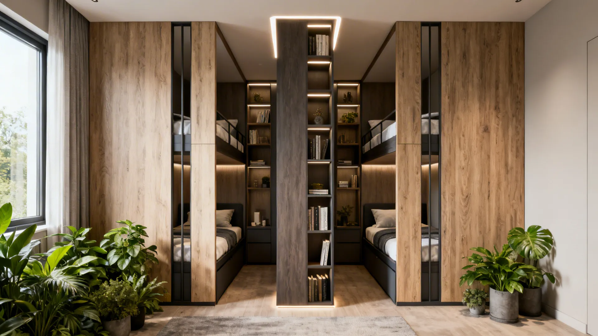 Small bedroom with opposing loft beds and a tall shared shelving tower used as storage and divider.
