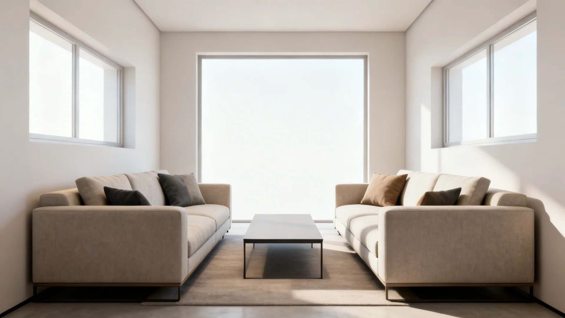Two matching loveseat modules facing each other with a slim coffee table in a narrow living room.