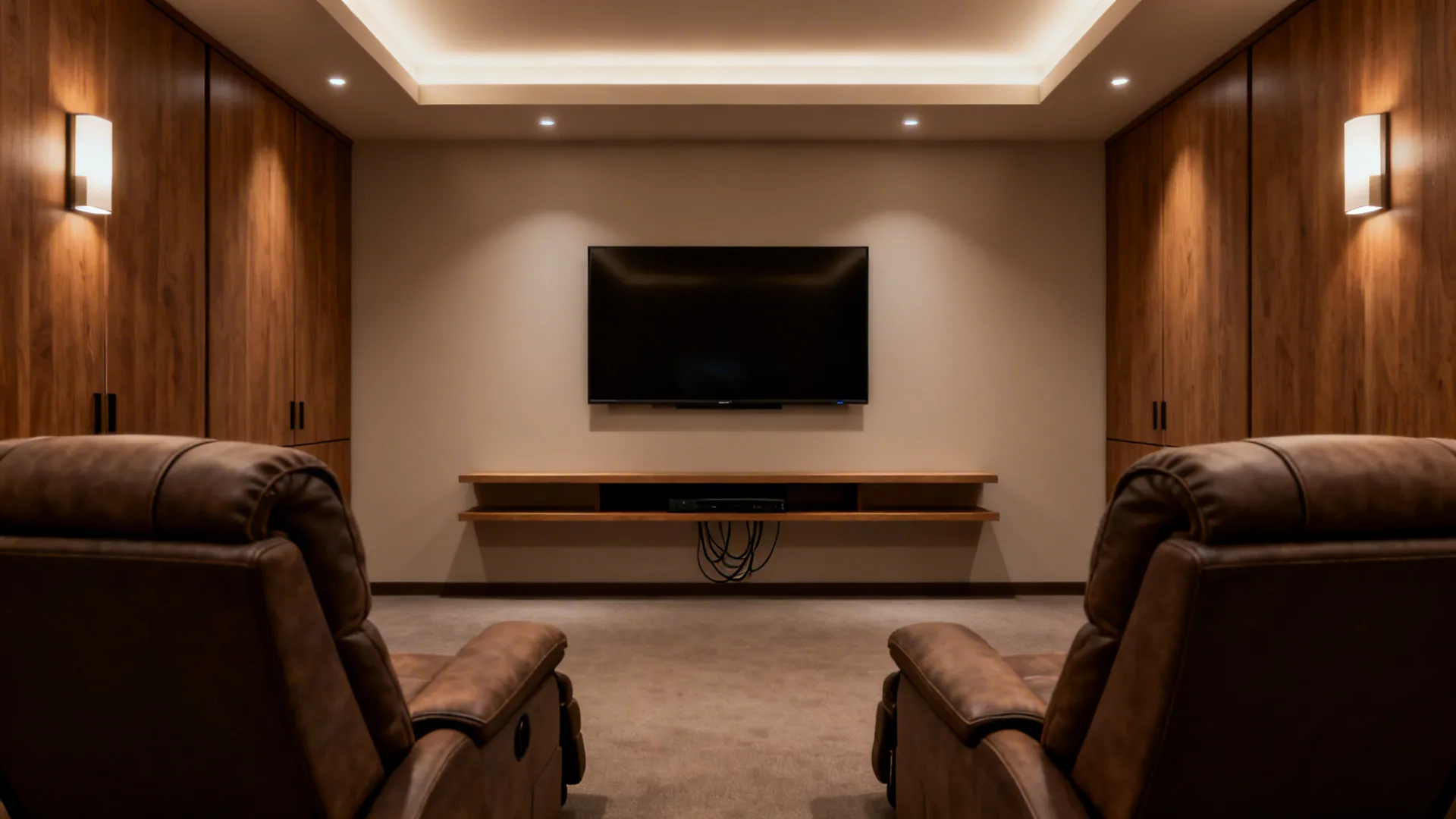 Two recliners facing a narrow floating media unit with a wall-mounted TV in a small living room