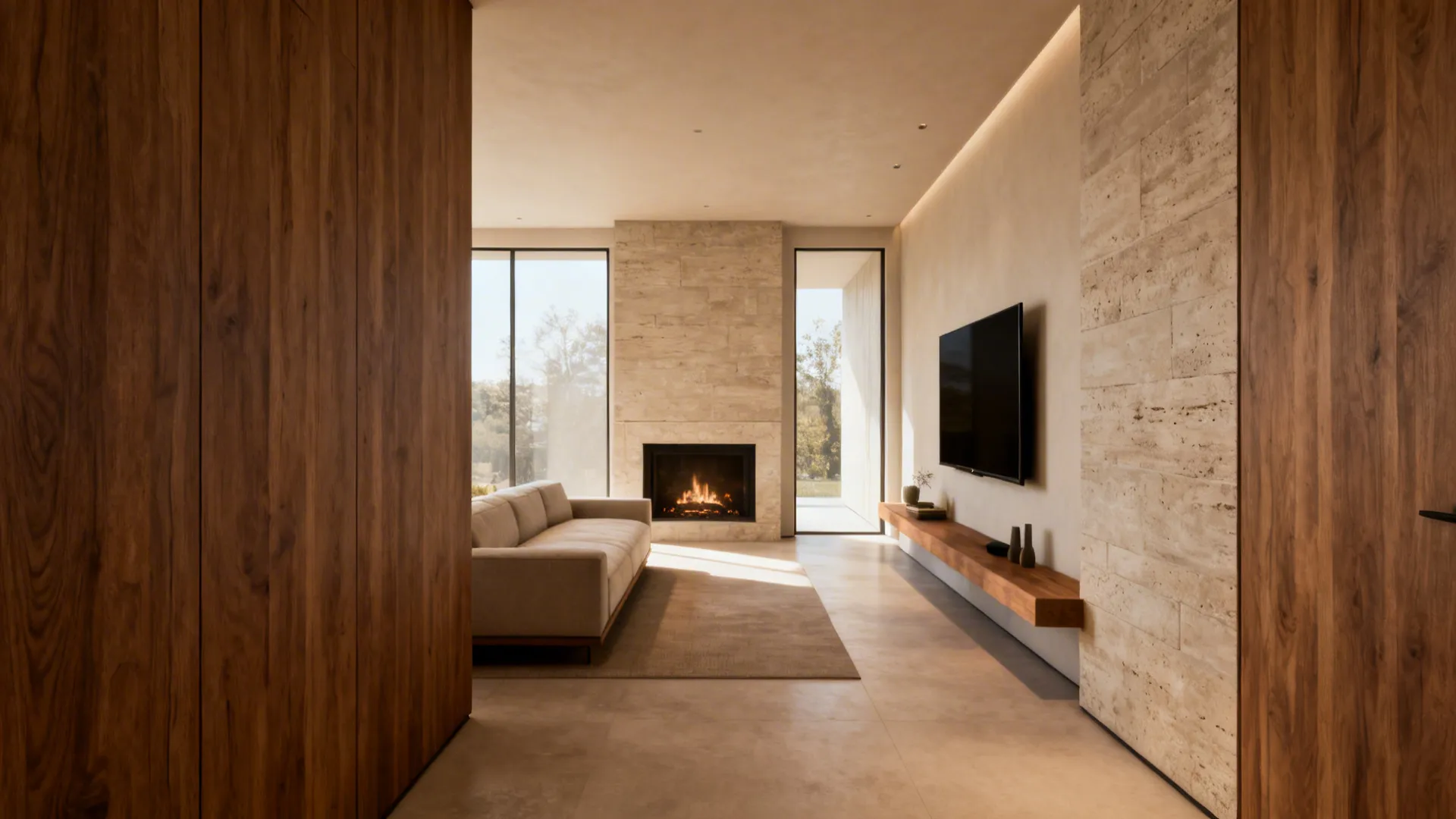 Modern living room with beige sofa stone fireplace wall mounted television and large glass windows