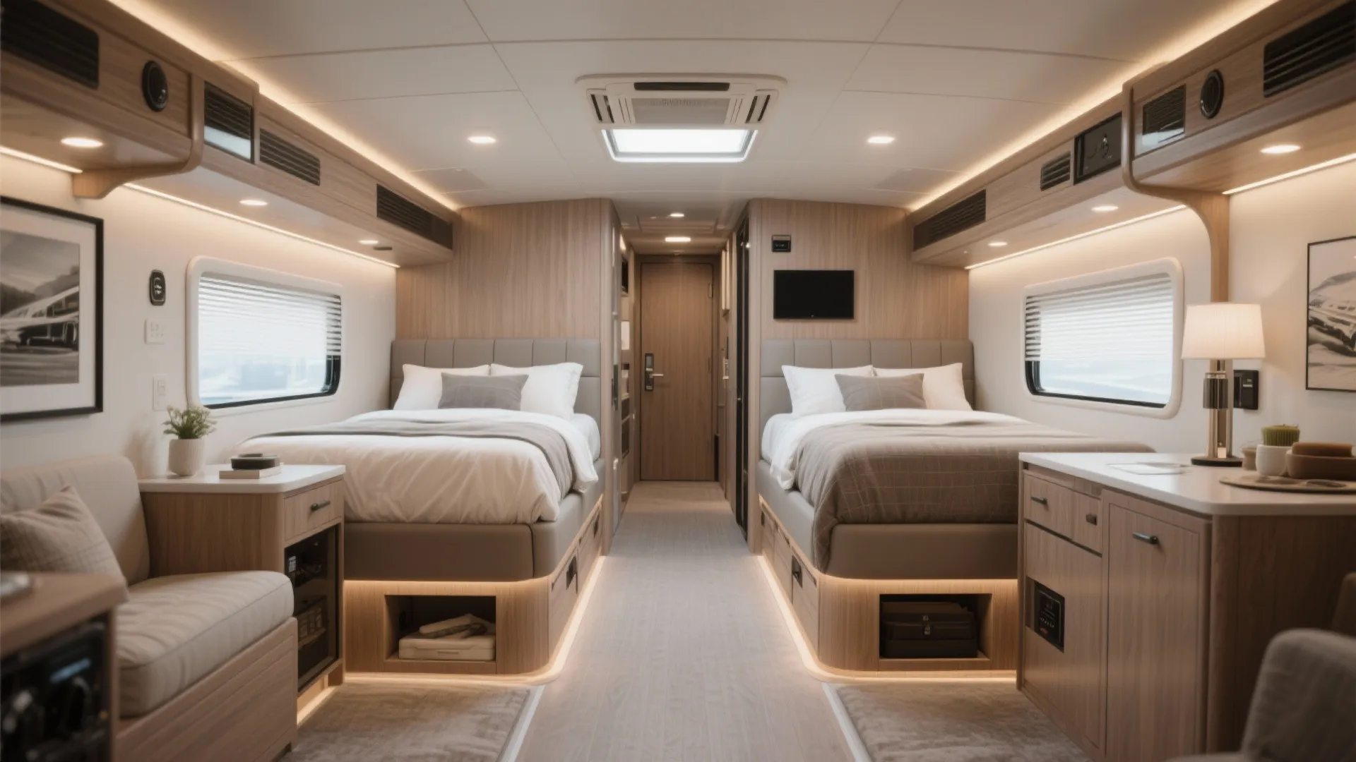 1. Opposite Bedroom Layout with Central Living Spine