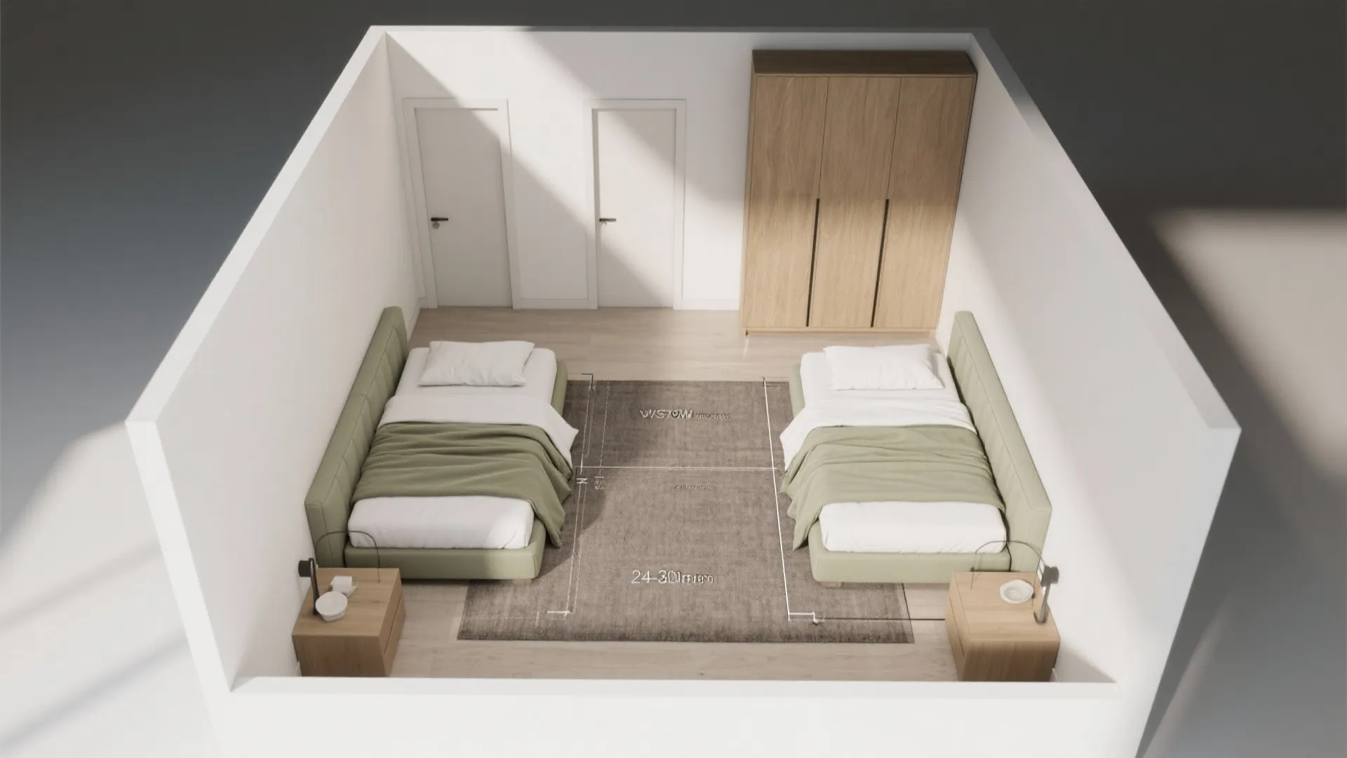 3) Opposite-wall placement with sliding-door wardrobe