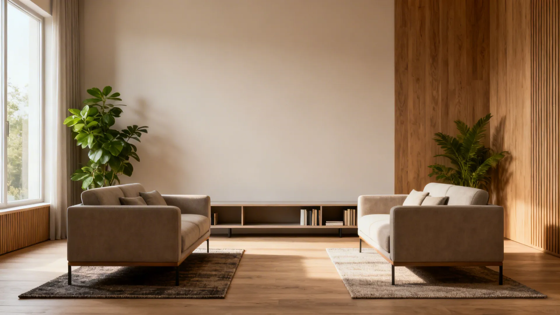 Modern living room with two grey sofas facing each other and a long wooden cabinet