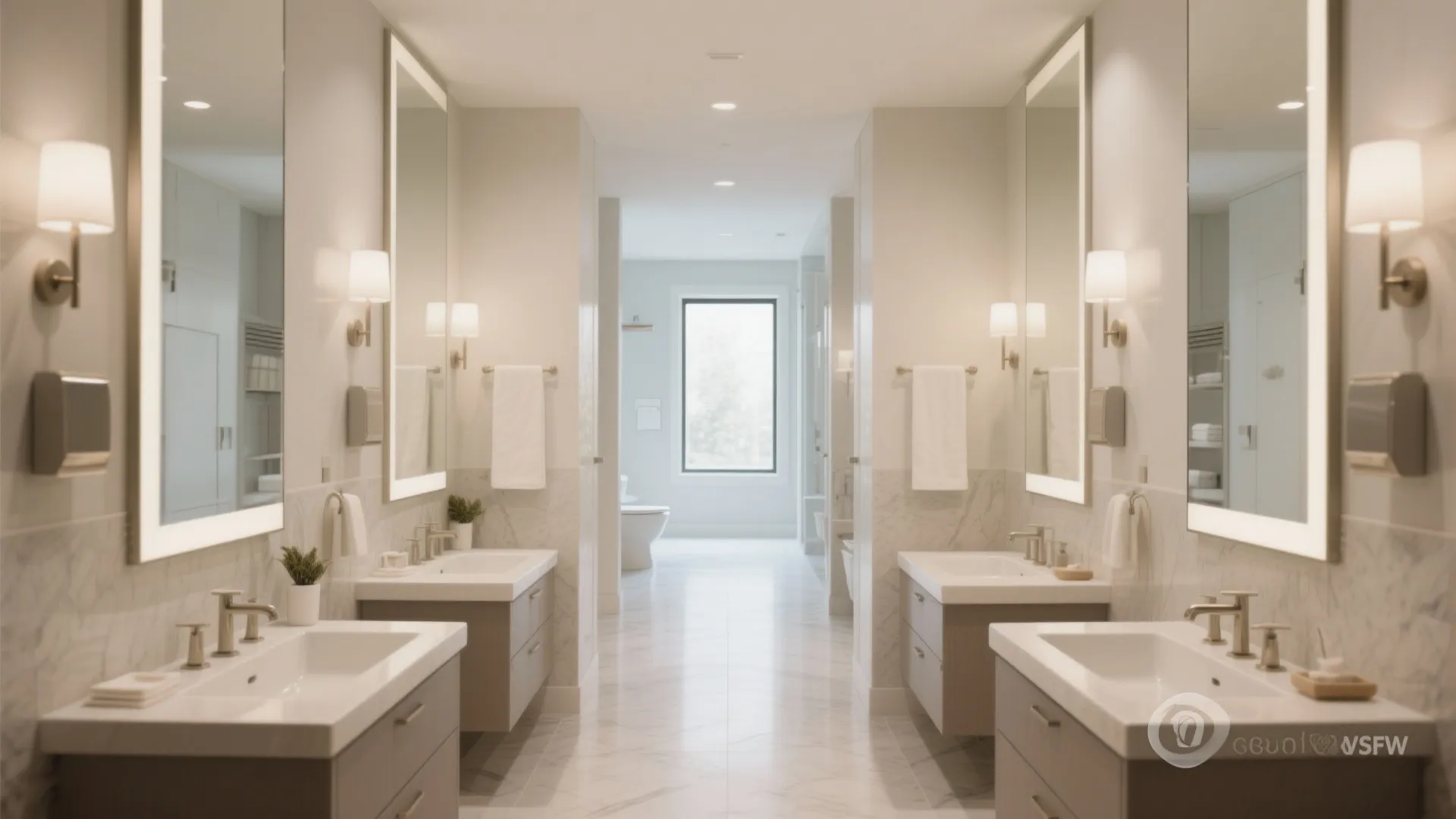 Double vanities on opposite walls in neutral-toned bathroom