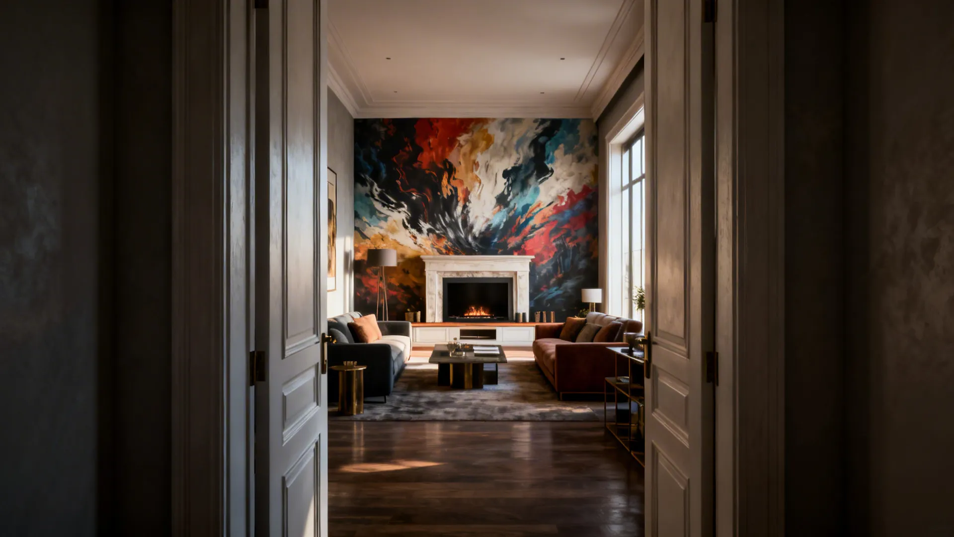 Long living room with a bold accent wall opposite the entry, featuring a media console.