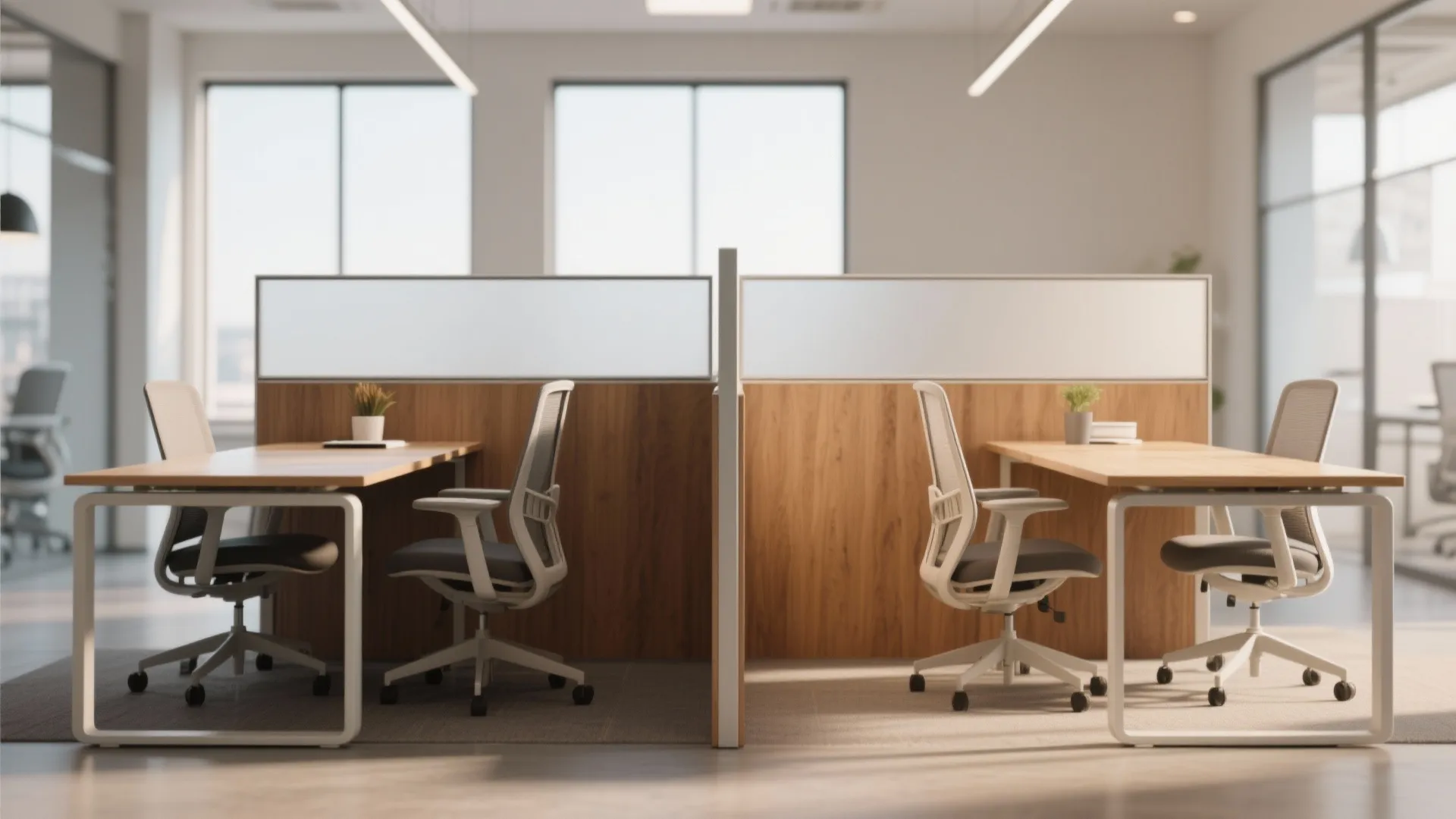 Modern office cubicles with two wooden desks facing each other separated by a low partition
