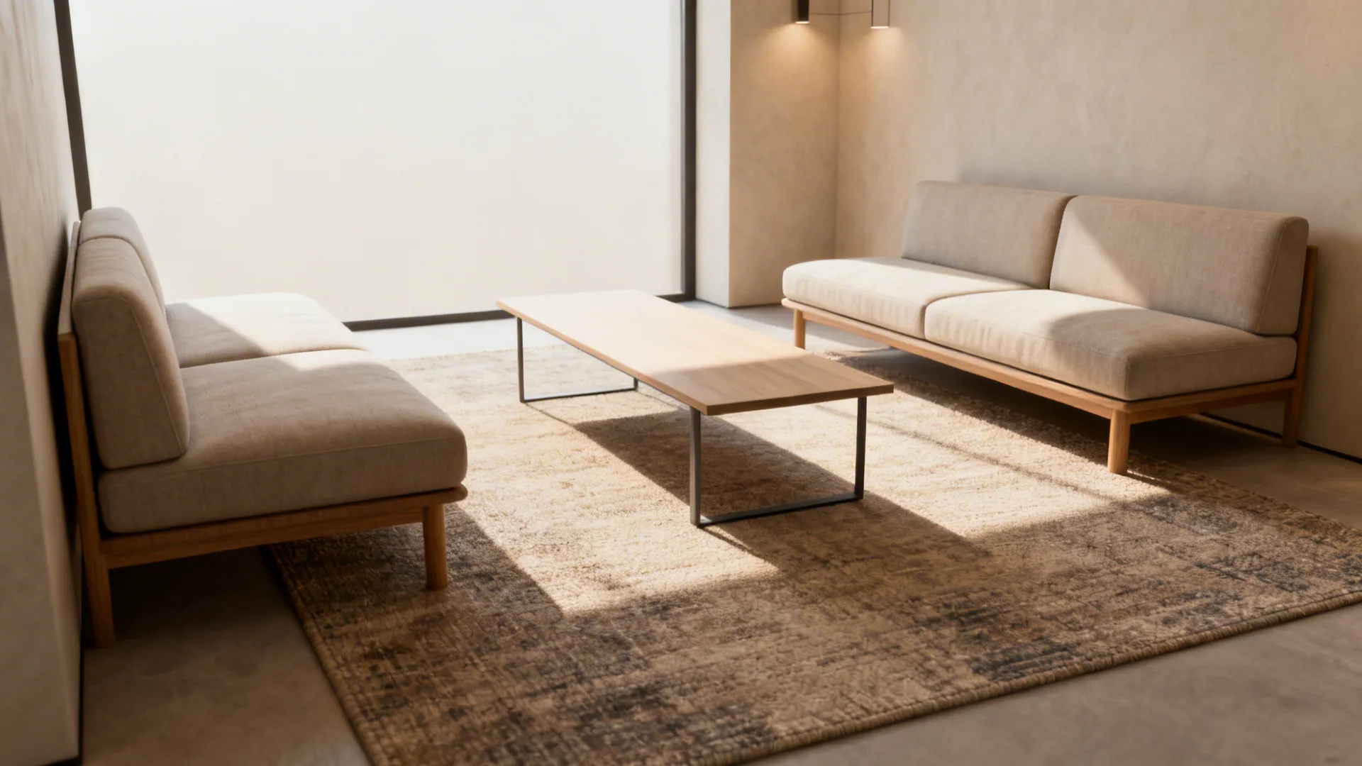 Two slim armless sofas facing each other across a narrow coffee table in a compact living room.
