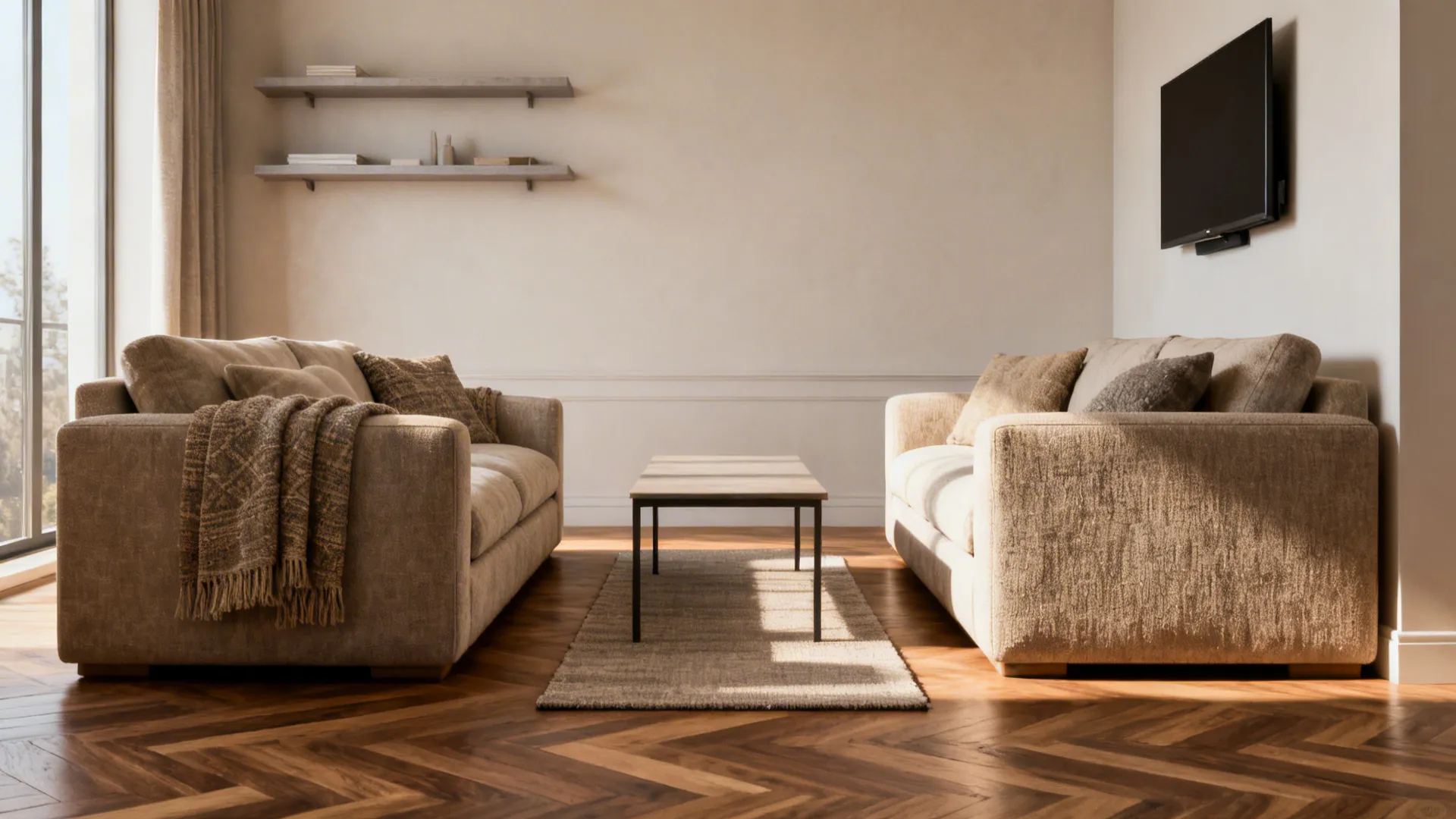 Couch and loveseat facing each other with a narrow coffee table and mounted TV on a short wall