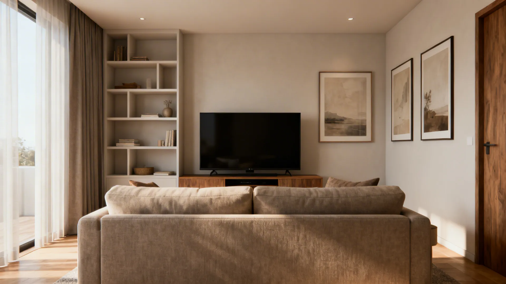 Cozy living room with beige sofa facing a television next to a white open wall bookshelf