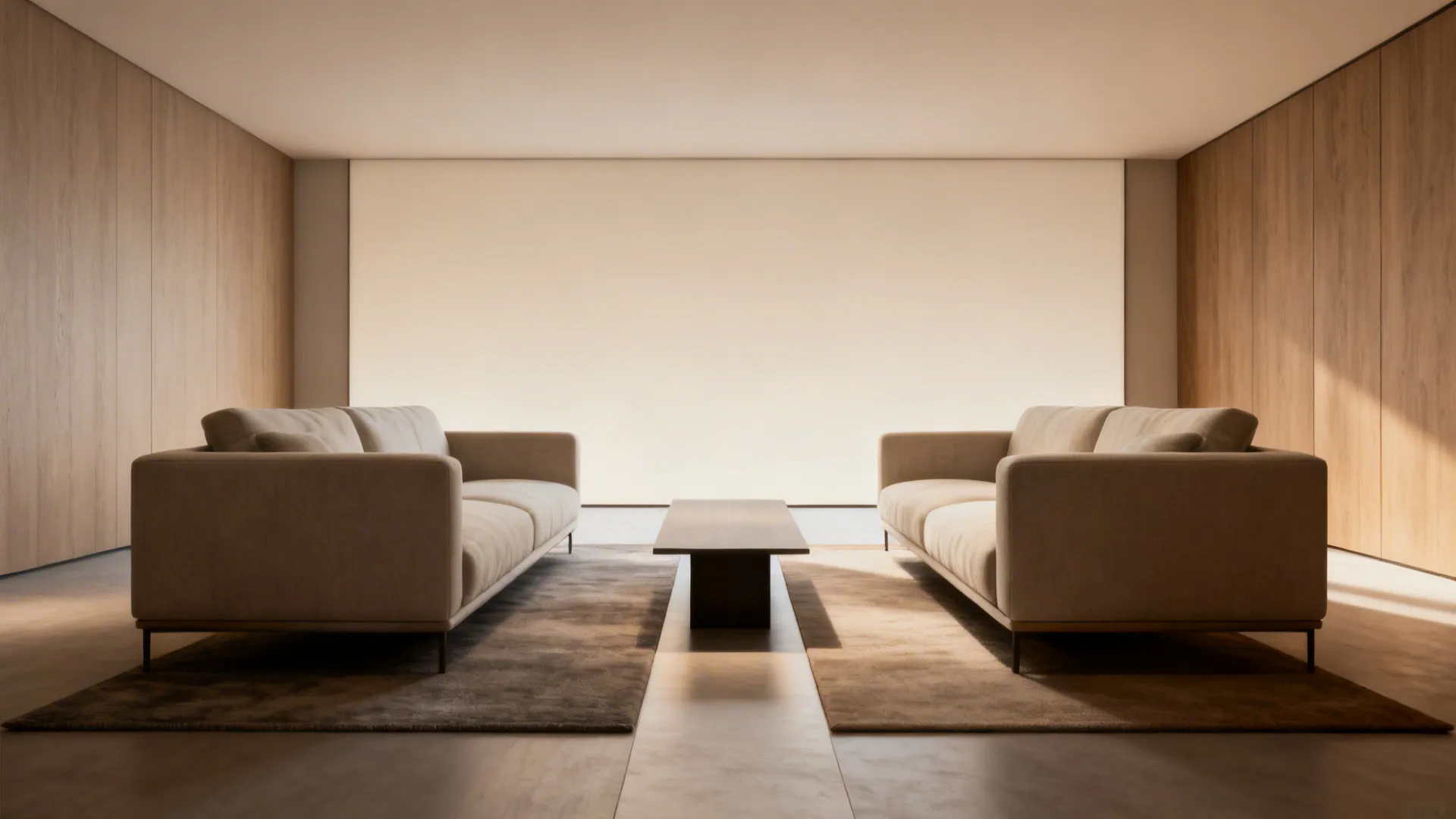 Sofa and loveseat facing each other with a narrow coffee table and a clear side walkway.