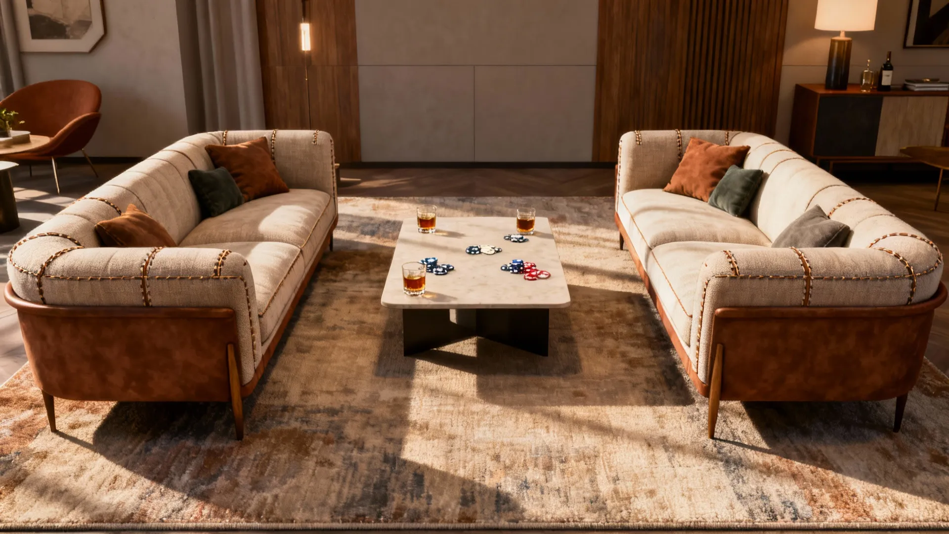 Two sectionals facing each other forming a cozy conversation pit with a central coffee table.