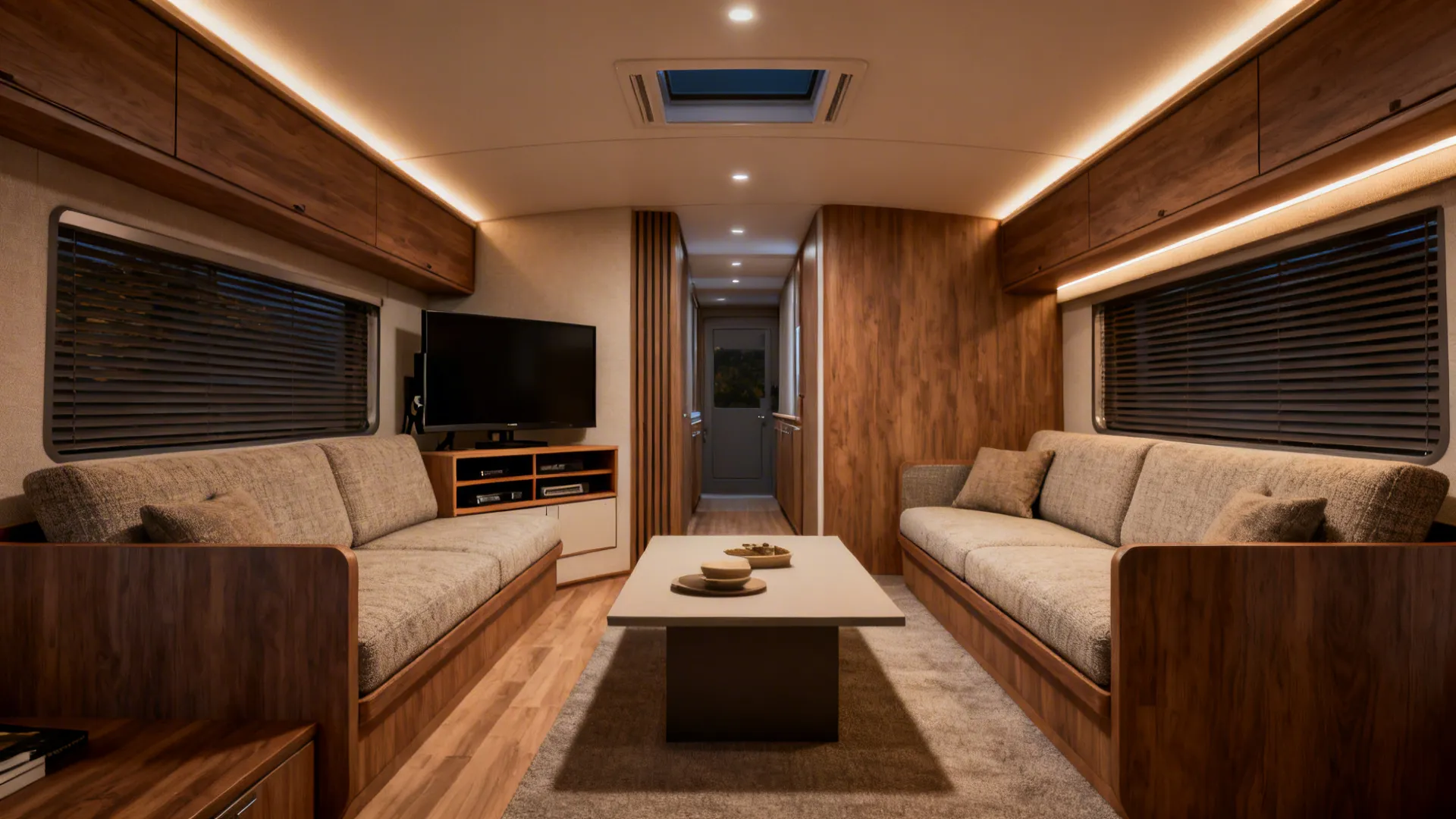 Two slim sofas facing each other with a low coffee table and a side-mounted swivel TV in a compact living room.