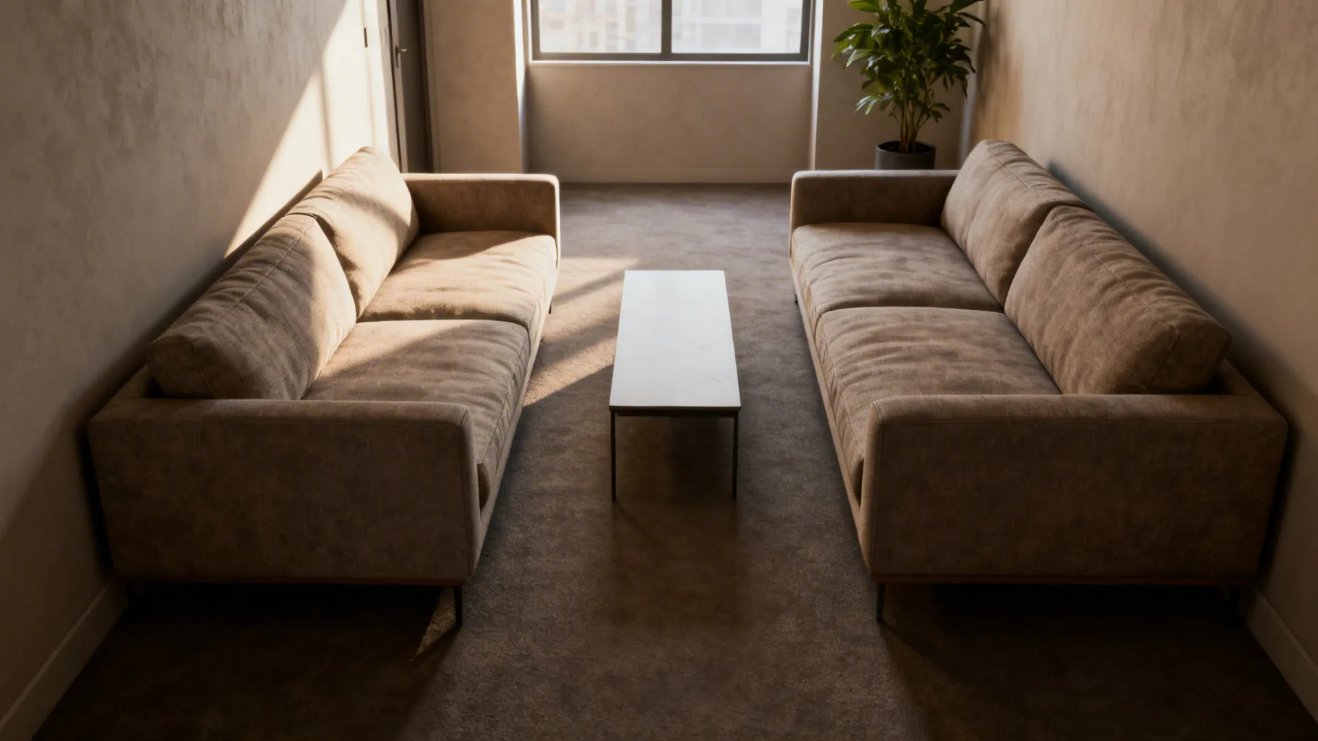 Narrow apartment living area with two opposite low-profile sofas and a slim coffee table
