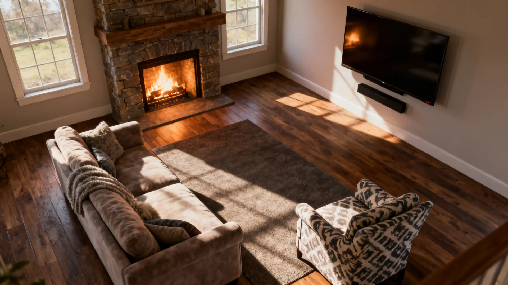 Seating arranged between a fireplace and a TV opposite the hearth, creating a social layout.