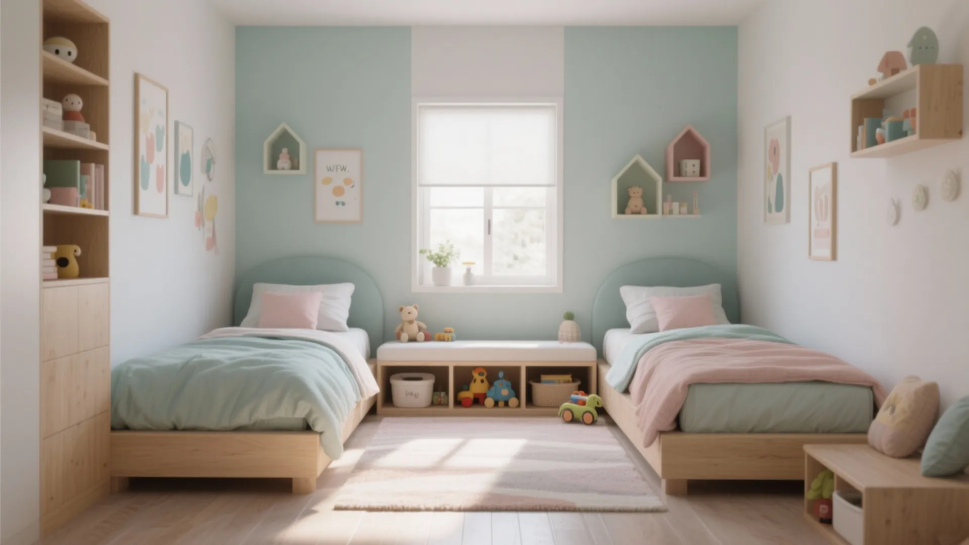 Minimalist kids bedroom with two wooden beds green accent wall white window blind and toys