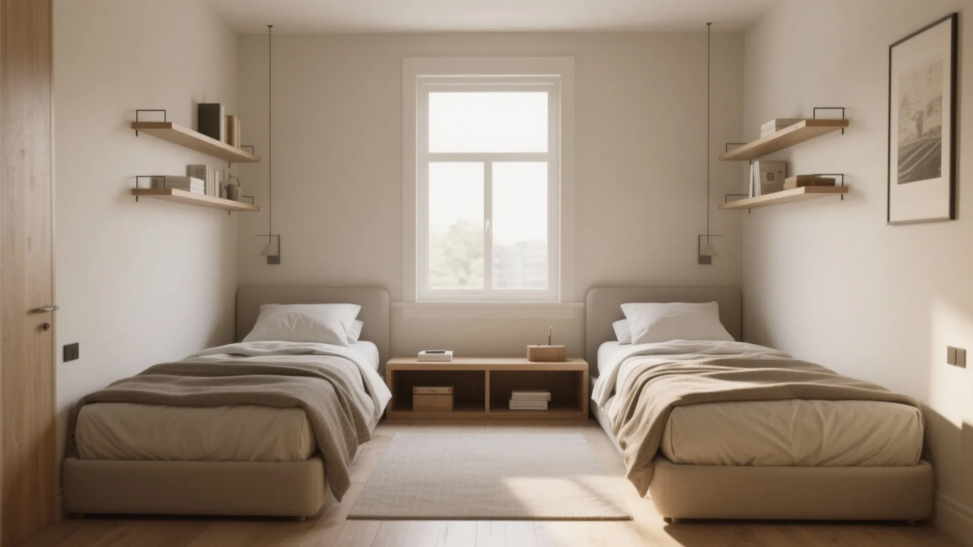 1. Opposite-wall twins with a shared center console